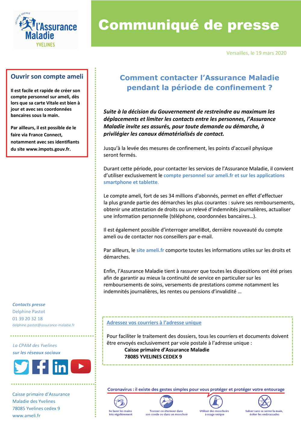 Communique CPAM contact confinement