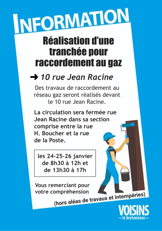 Flyer A5 Travaux de raccordement gaz rue Racine 24 01 24 au 26 01 24 01